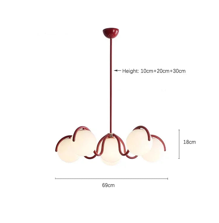 French Cream Squiggle Chandelier with Opal Glass Globes in Red and White