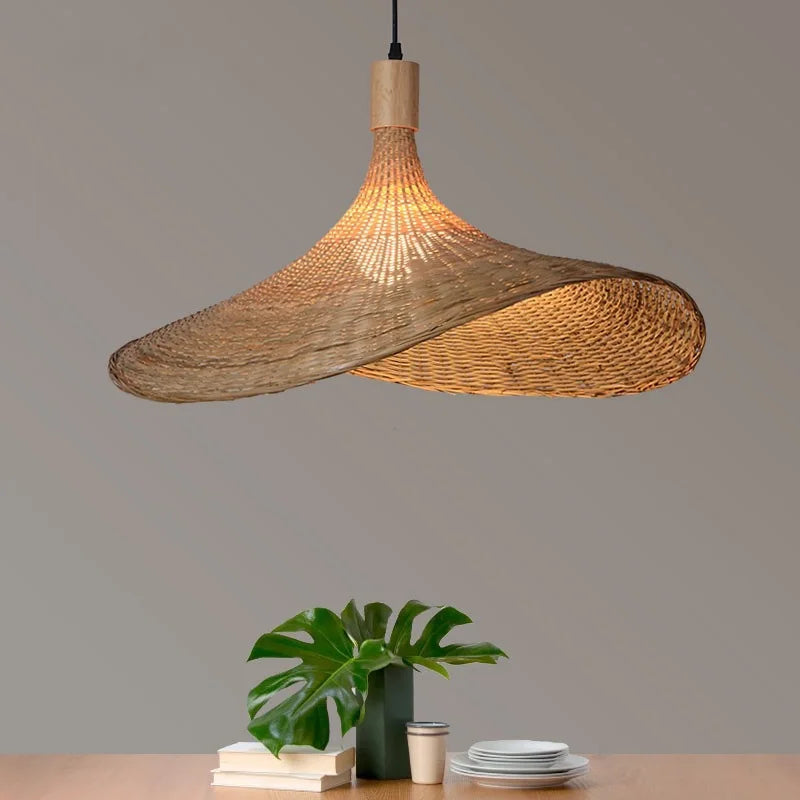 Bohemian Rattan Pendant Light - Woven Hat Design