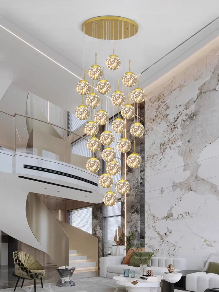 Starry Glass Ball Cluster Chandelier for Staircase in Smoky Gray and Cognac