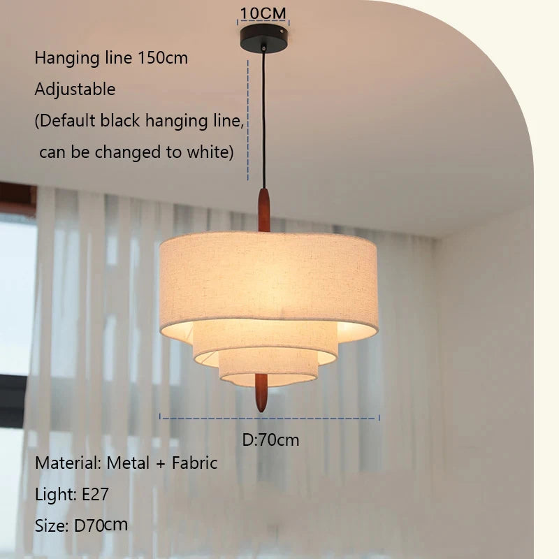 Wabi Sabi Linen Tiered Drum Chandelier with Walnut Accent for Living Room