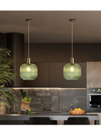Nordic Modern Ribbed Glass Pendant Light Green/Grey/Amber Glass Hanging Lamp for Kitchen Island Dining Room Home Decor E27