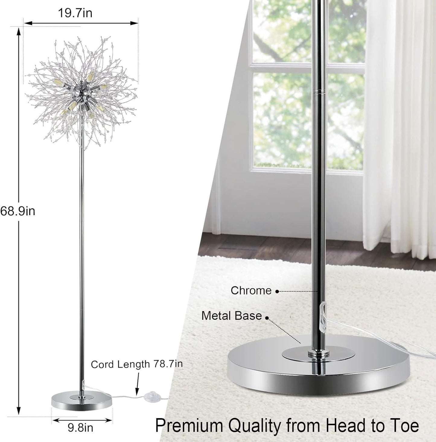 Bedroom Crystal Floor Lamp,,69 Inch High Pole Lamp,Modern Room Decorative Floor Lamp,Includes 32 Fireworks Crystal Suspenders, Chrome Finish Unavailable Platforms- Welfel