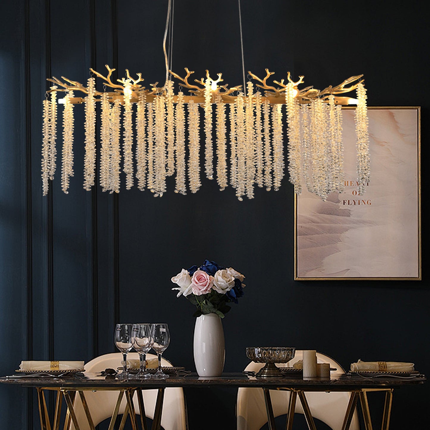 39.4-inch Modern Golden Pendant Light with Cascading Crystal Strands,