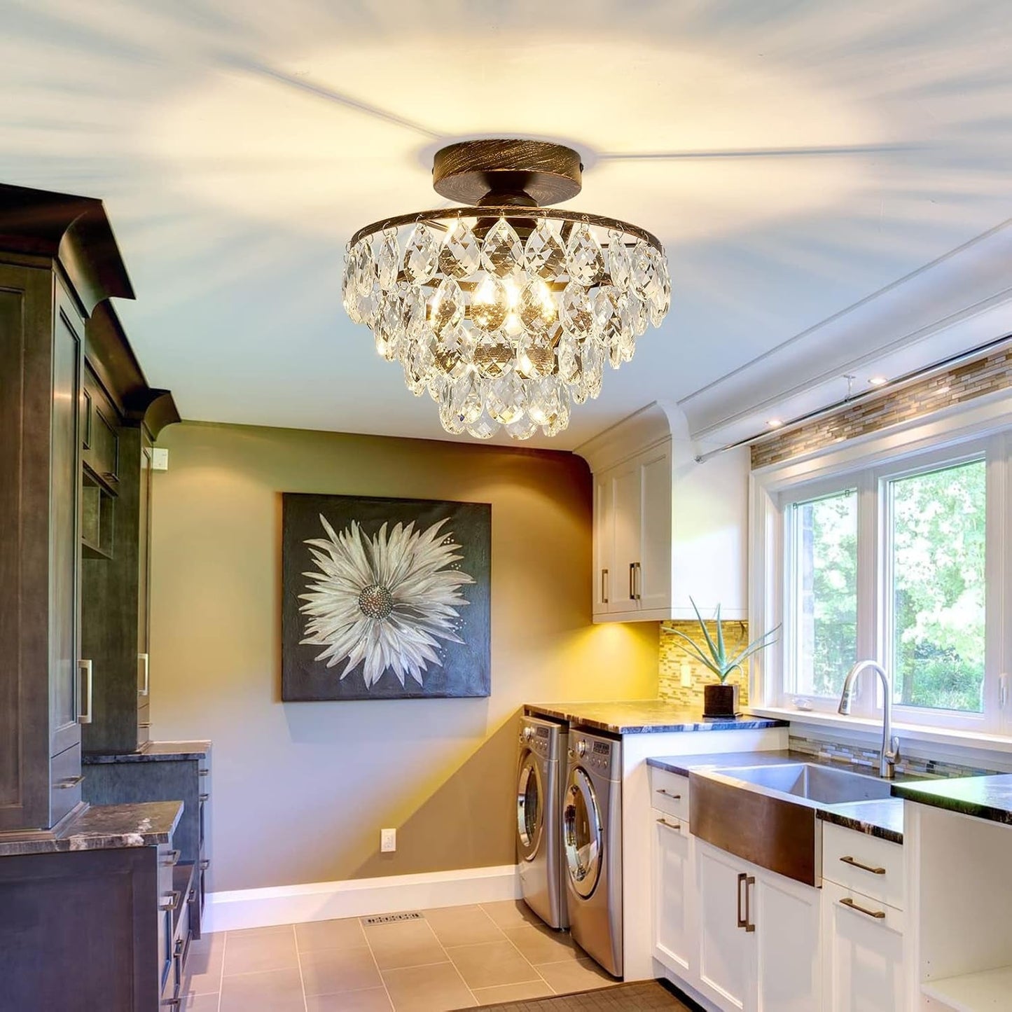 Small Modern Crystal Chandelier: Bronze Hallway Ceiling Light