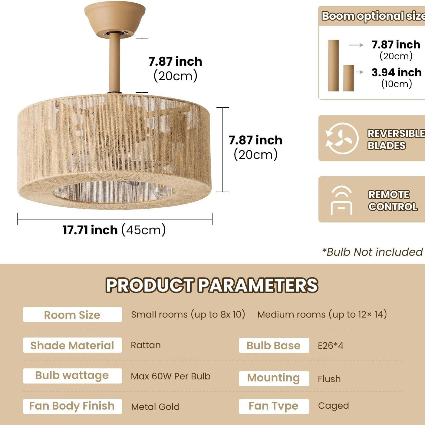 Rattan Weaving Fan Lamp Retro Living Room Restaurant Bedroom Light