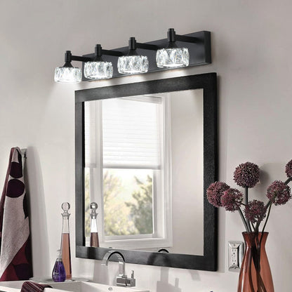 Modern 4-Light Matte Black LED Vanity Light Fixture with Crystal Glass