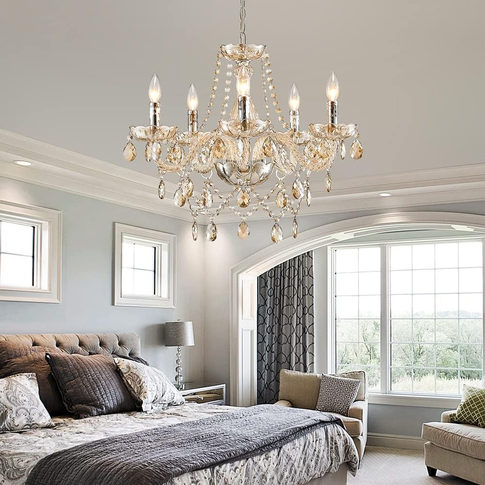 Champagne Crystal Chandelier 5 Light Modern Bedroom