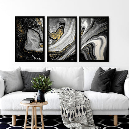 Abstract large wall art | set of 3 Black and Gold wall art prints
