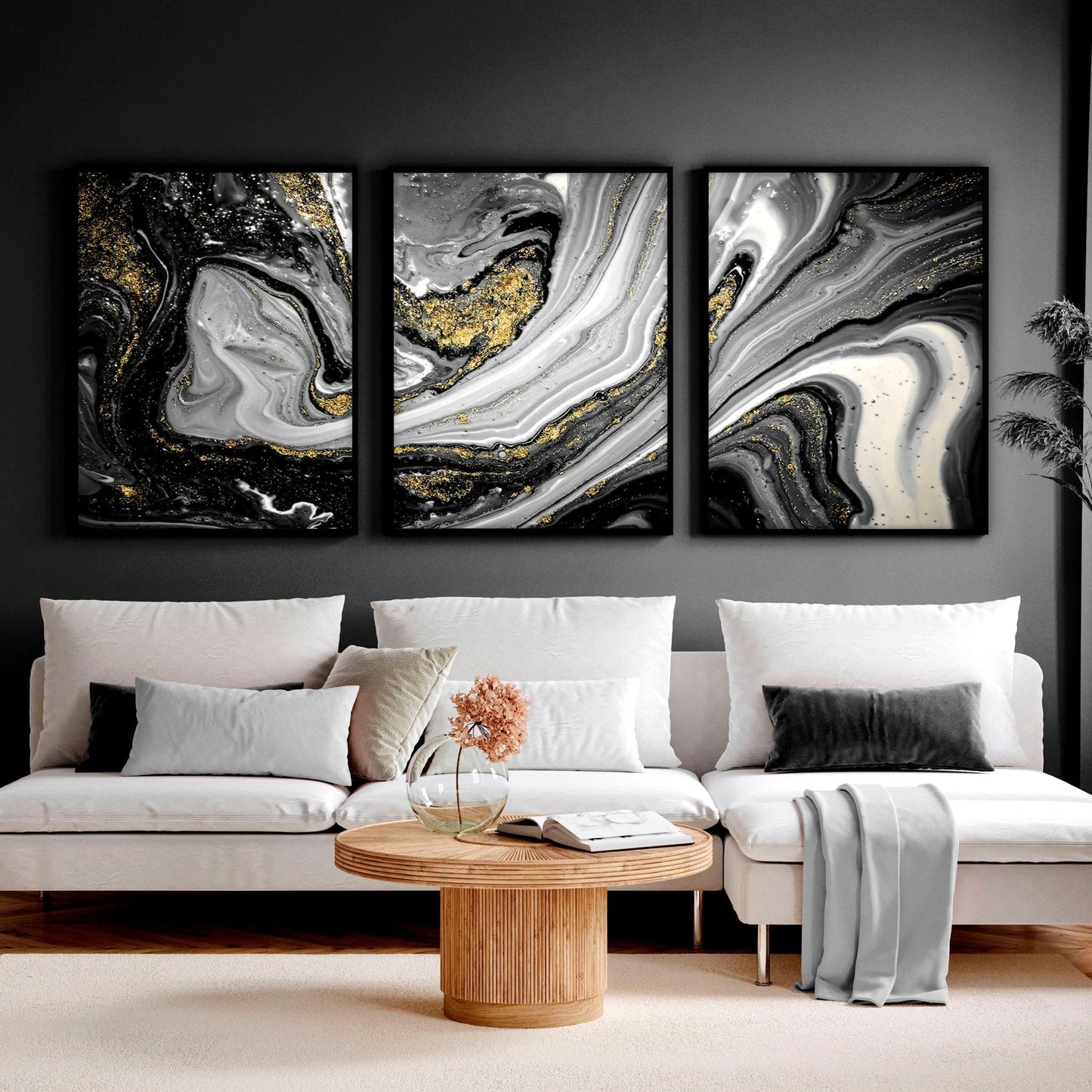 Abstract large wall art | set of 3 Black and Gold wall art prints