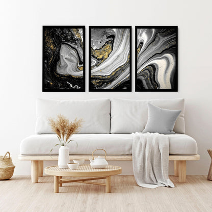 Abstract large wall art | set of 3 Black and Gold wall art prints