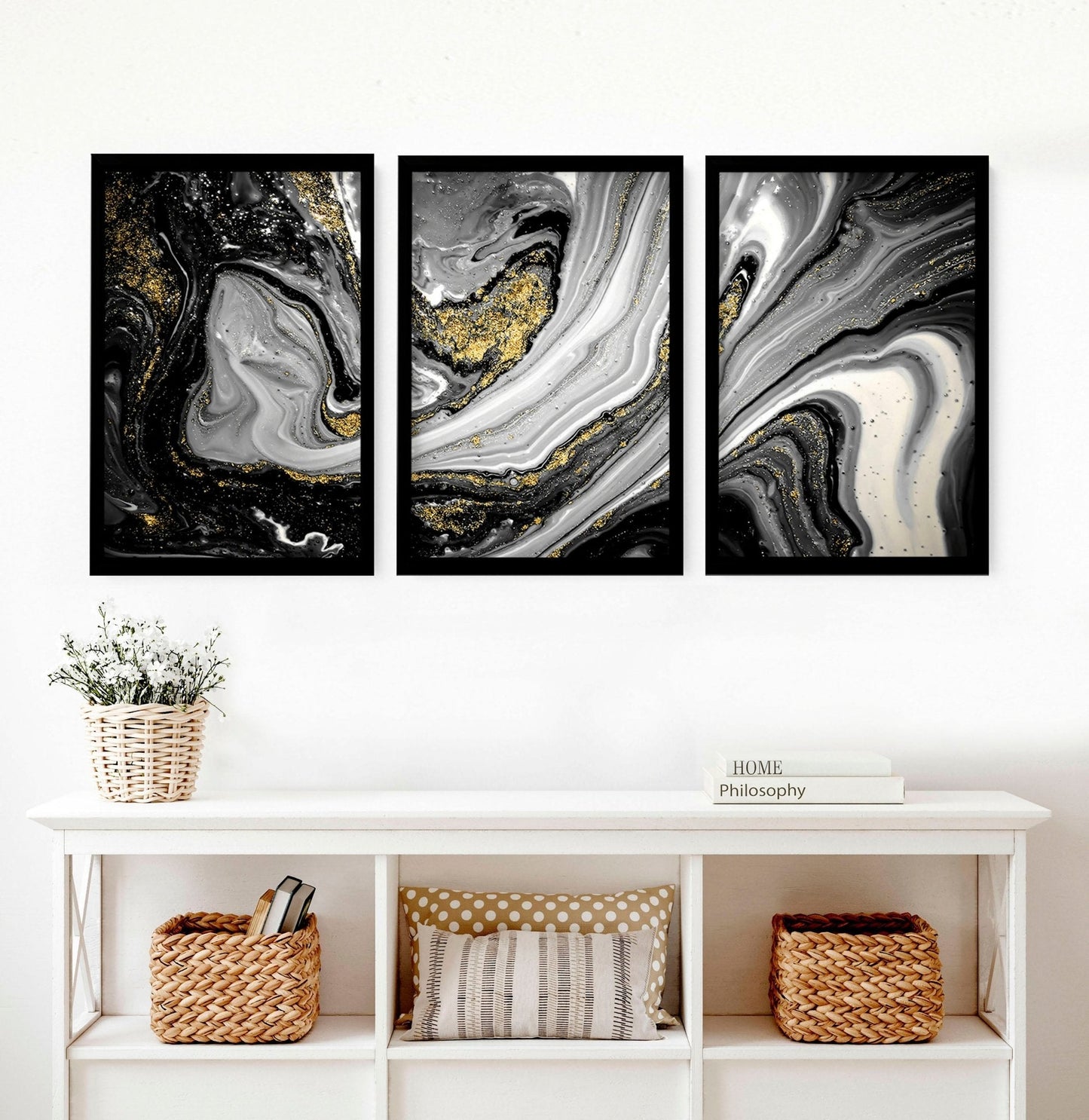 Abstract large wall art | set of 3 Black and Gold wall art prints