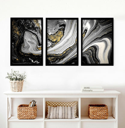 Abstract large wall art | set of 3 Black and Gold wall art prints