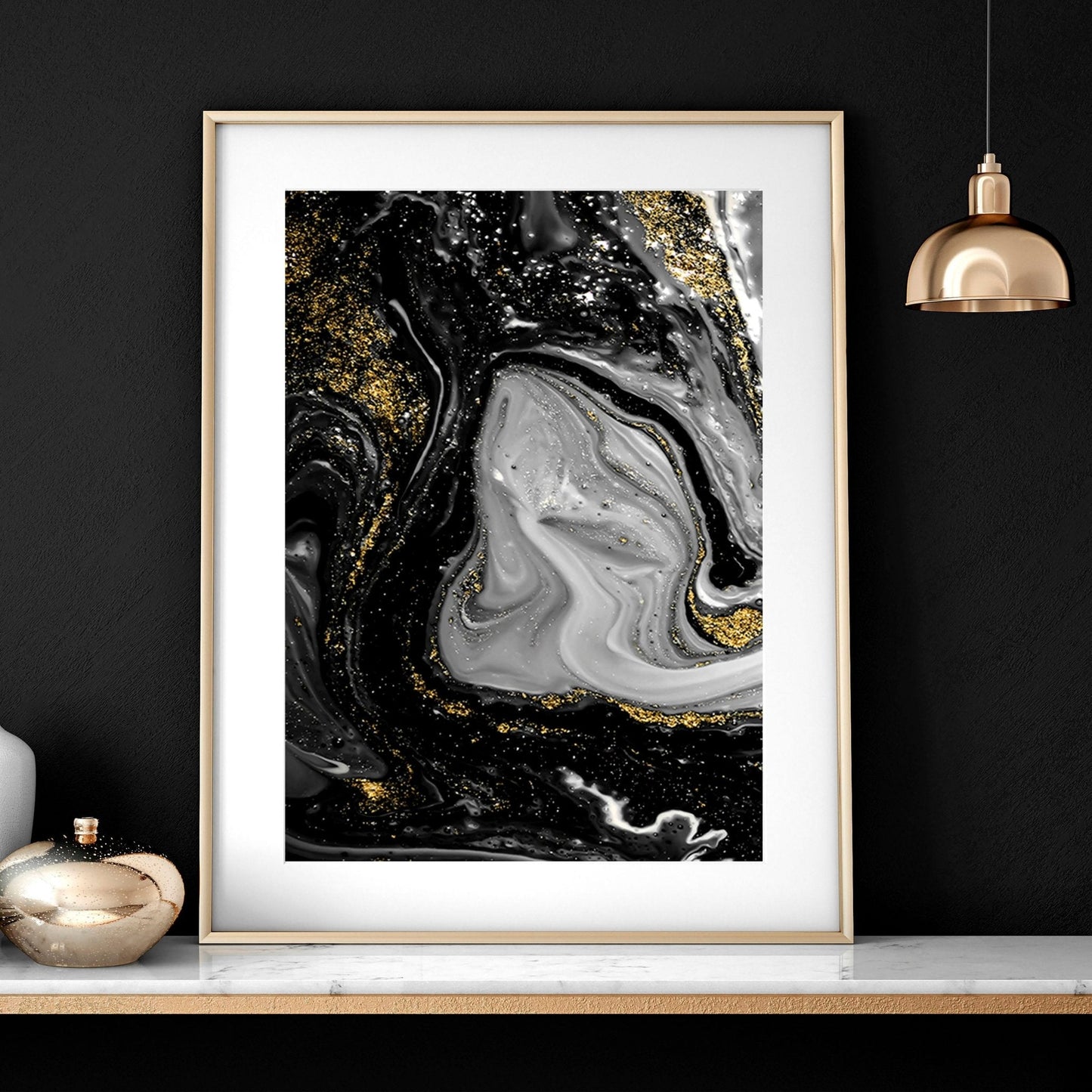 Abstract large wall art | set of 3 Black and Gold wall art prints