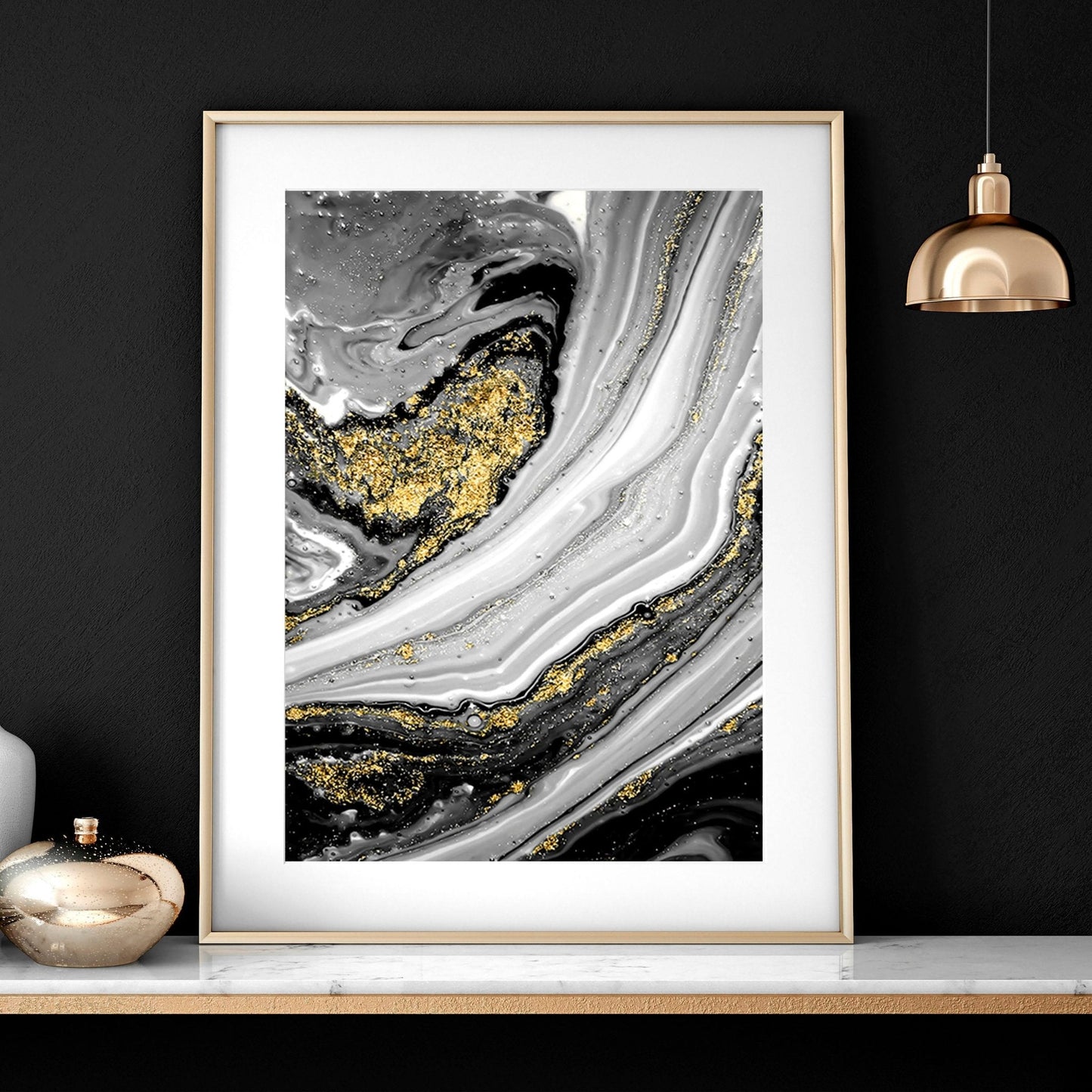 Abstract large wall art | set of 3 Black and Gold wall art prints