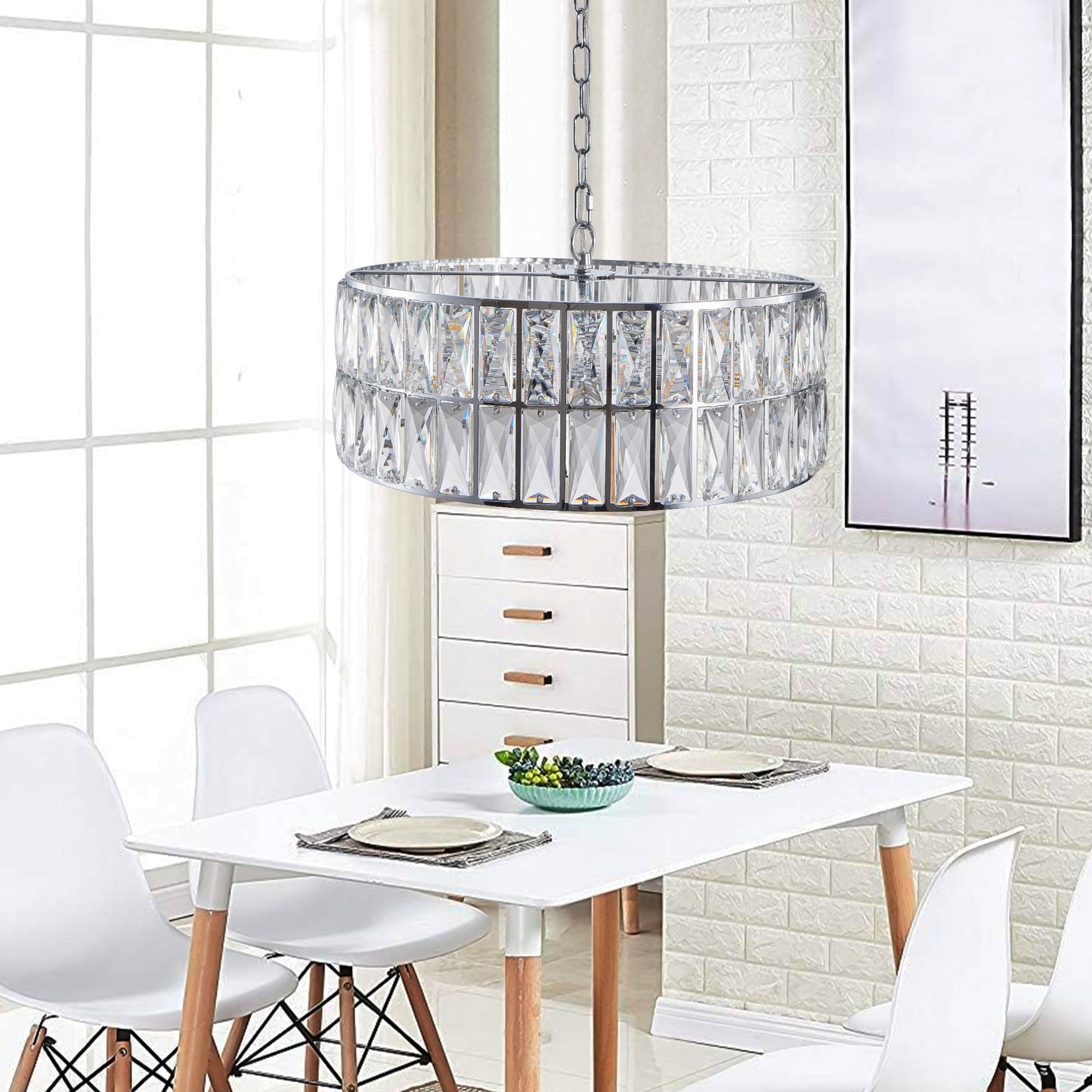 Modern Crystal Drum Chandelier, 6-Light Pendant Lighting Fixture with
