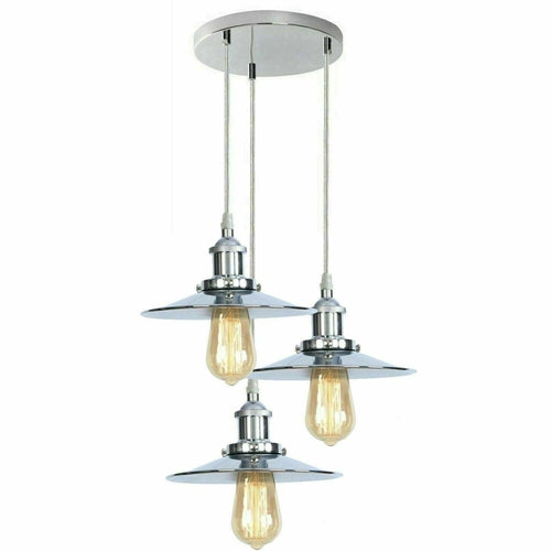 3 Head Pendant Hanging Light Polished Chrome Metal Flat Lamp Shade ~