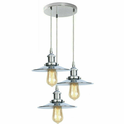 3 Head Pendant Hanging Light Polished Chrome Metal Flat Lamp Shade ~