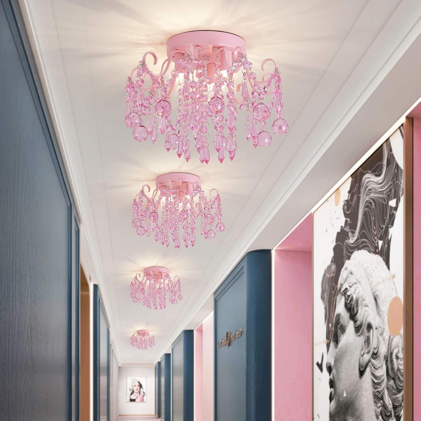 Small Pink Crystal Chandelier Semi Flush 3-Light