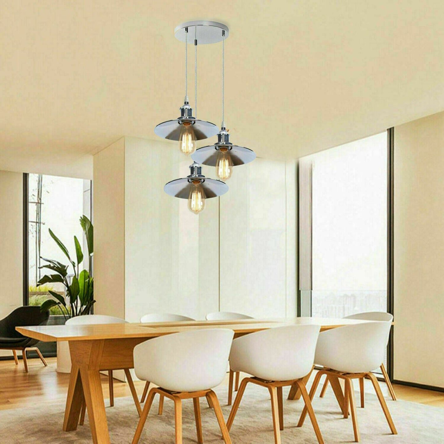 3 Head Pendant Hanging Light Polished Chrome Metal Flat Lamp Shade ~