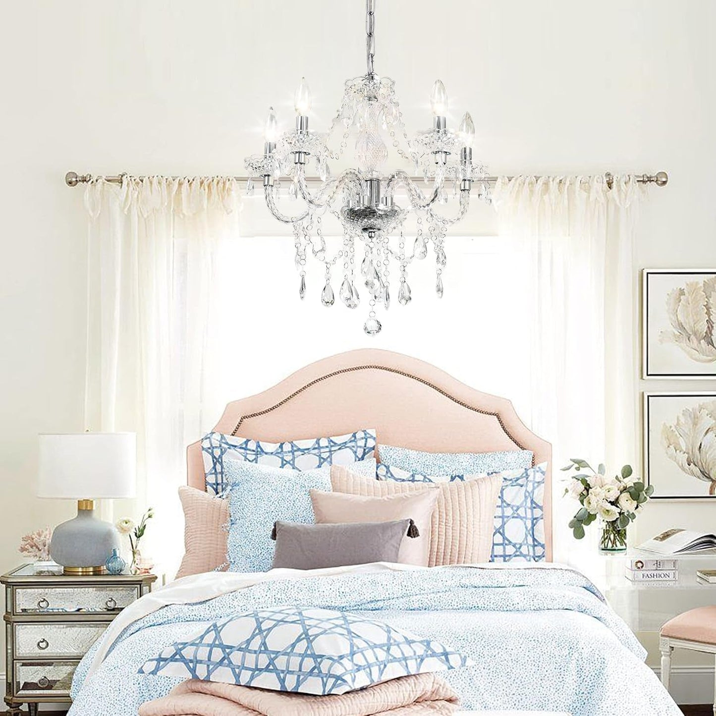 Plug-In 5 Light Crystal Hanging Pendant Lights Acrylic Chandelier with