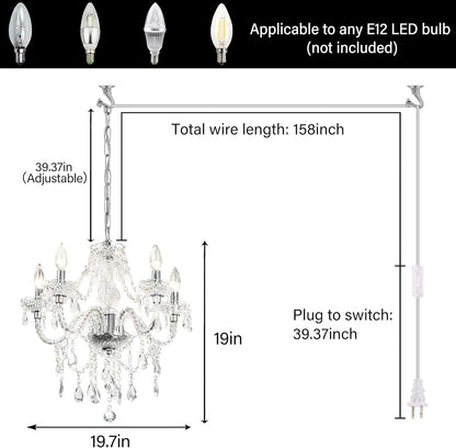 Plug-In 5 Light Crystal Hanging Pendant Lights Acrylic Chandelier with