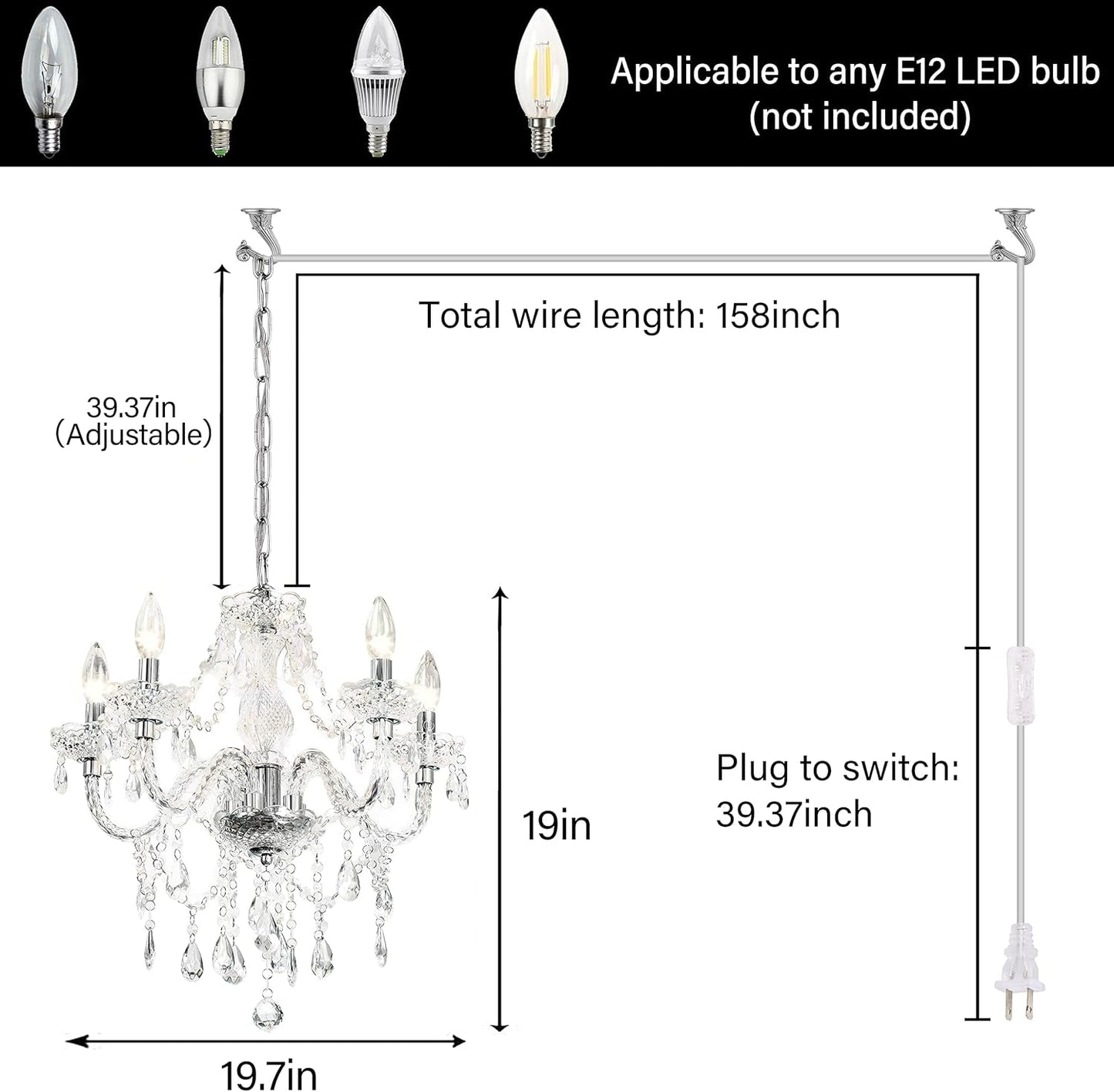 Plug-In 5 Light Crystal Hanging Pendant Lights Acrylic Chandelier with