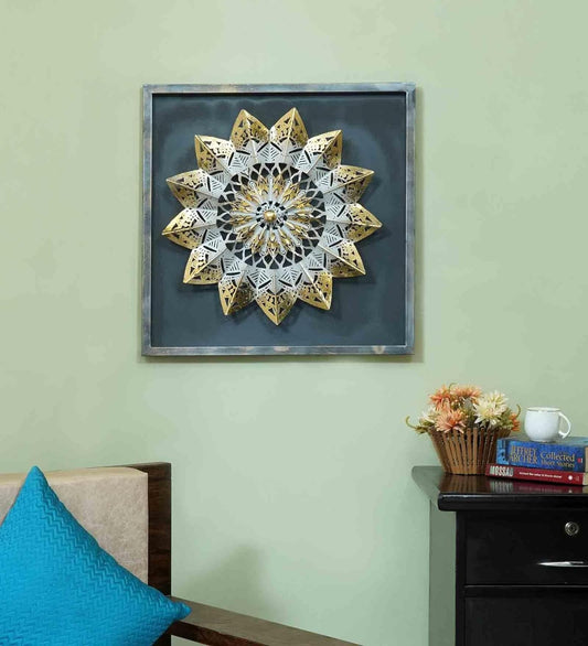 Silver & Gold toned Wooden Mandala Wall Art Painting With Frame