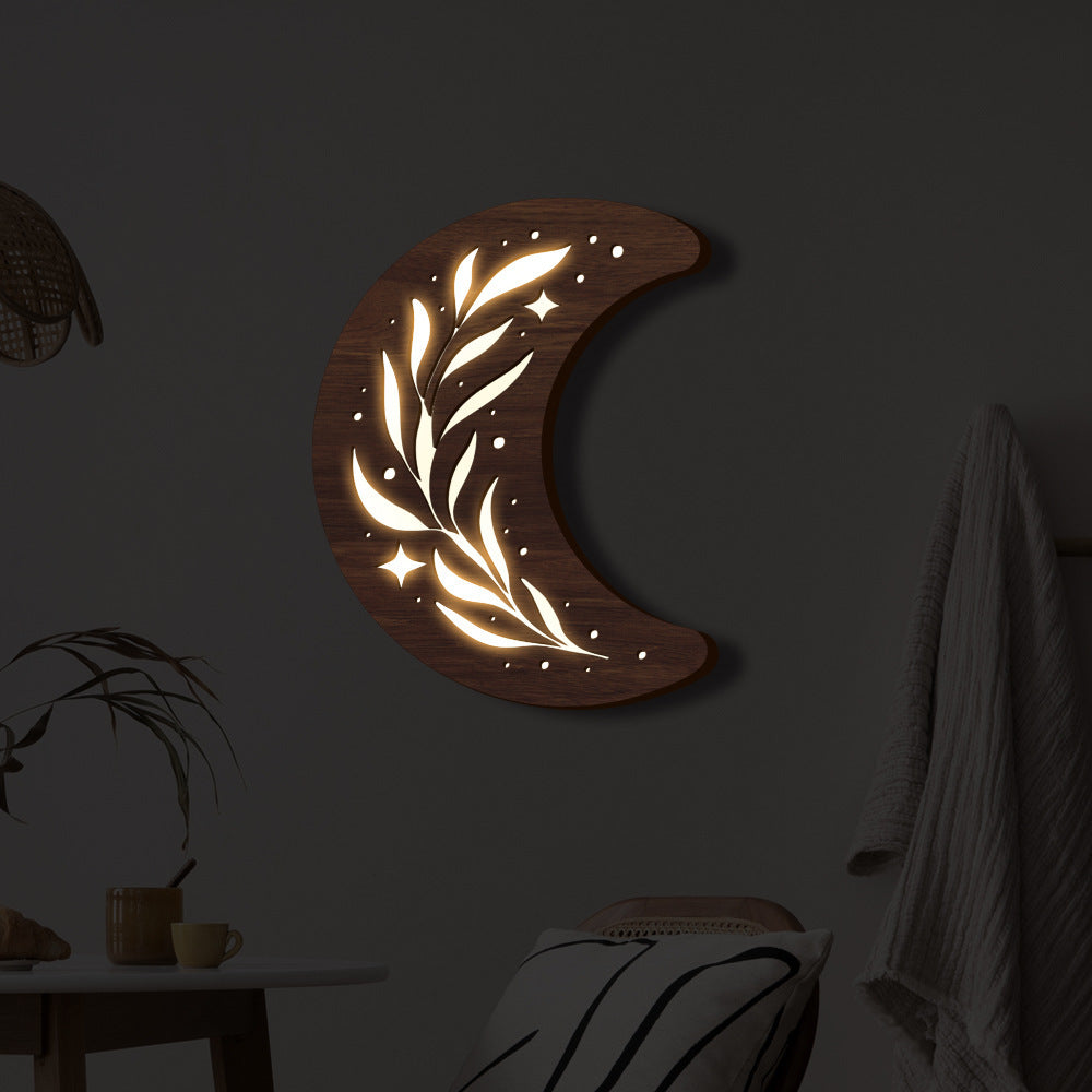 Bohemian Style Three-dimensional Wooden Leaf Crescent Lamp Pendant