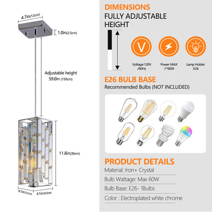 Modern Crystal Pendant Light - 3 Pack, Adjustable Hanging Ceiling Lamp