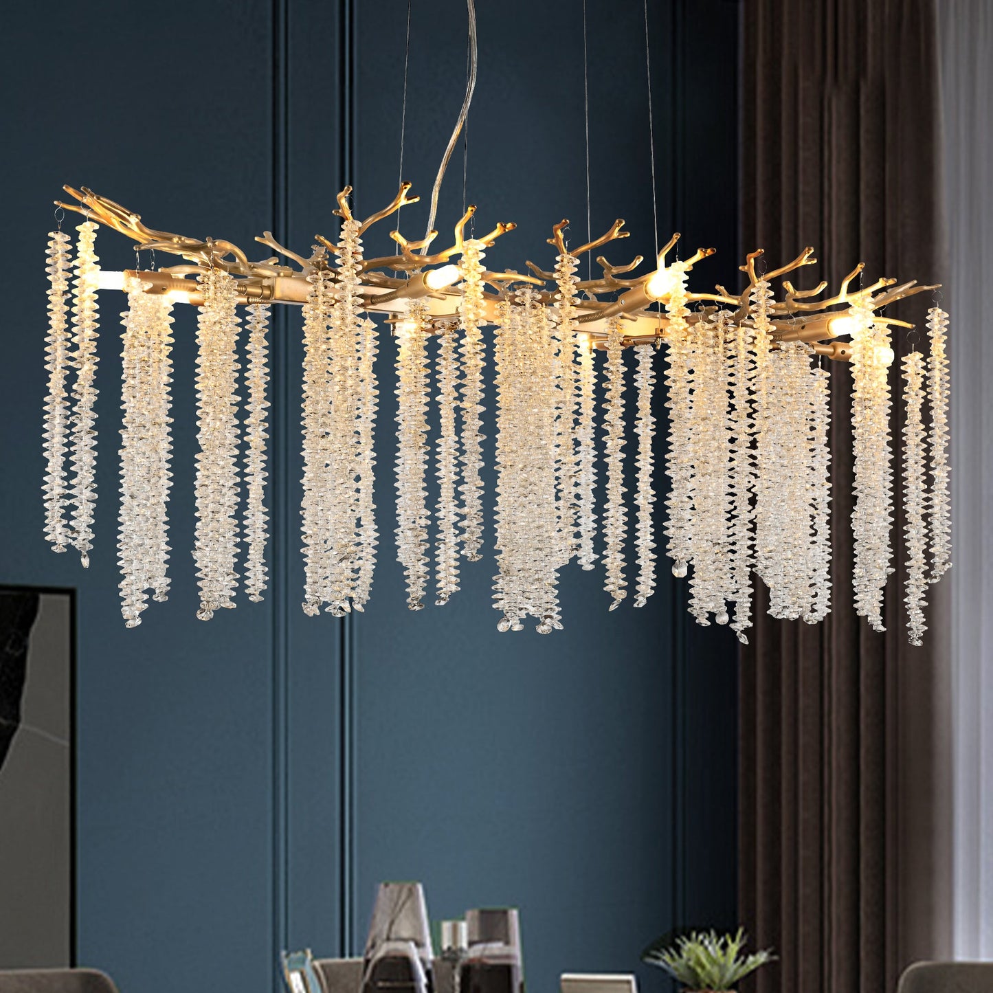 39.4-inch Modern Golden Pendant Light with Cascading Crystal Strands,