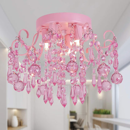 Small Pink Crystal Chandelier Semi Flush 3-Light