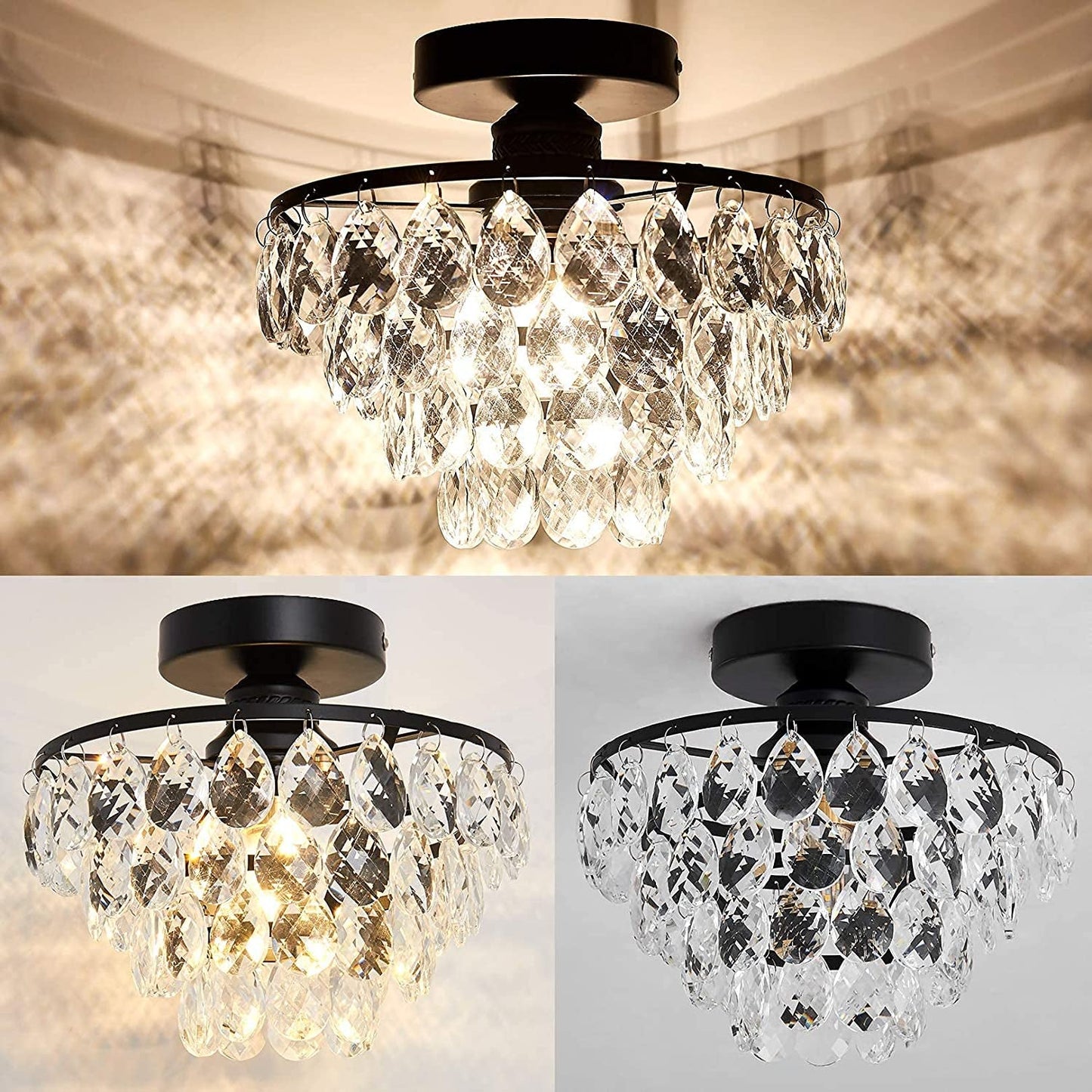 Modern Small Crystal Ceiling Light Fixture Mini Black Semi Flush Mount
