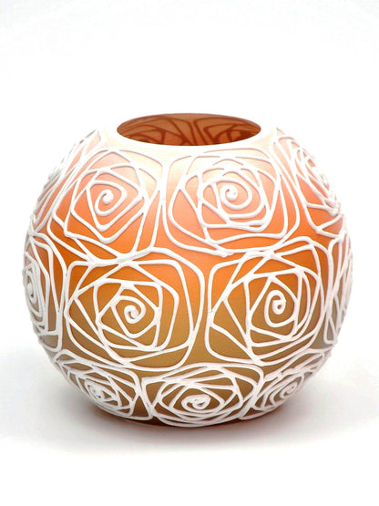 Handpainted Glass Vase for Flowers | Painted Orange Art Glass Round Va