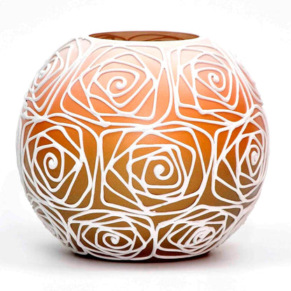 Handpainted Glass Vase for Flowers | Painted Orange Art Glass Round Va