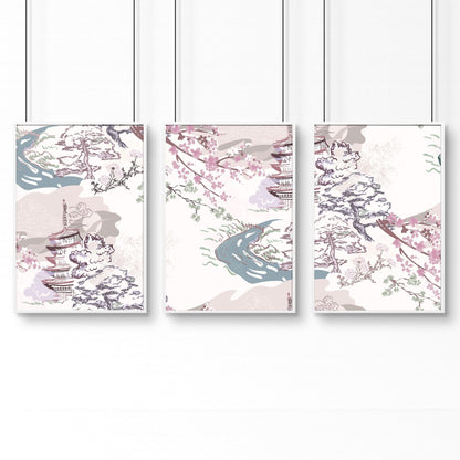 Set of 3 wall art for living room | set of 3 Chinoiserie wall art
