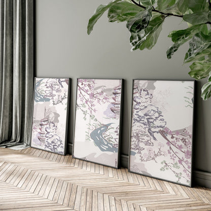 Set of 3 wall art for living room | set of 3 Chinoiserie wall art