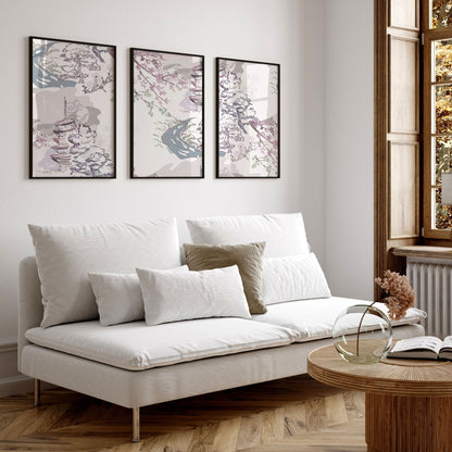 Set of 3 wall art for living room | set of 3 Chinoiserie wall art