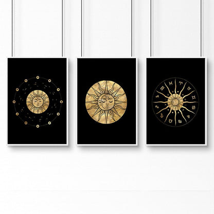 Sun and moon drawing  | set of 3 framed wall art
